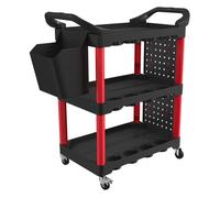 HOMCOM Carro de Taller de 3 Niveles con Paneles Perforados Negro y Rojo | Carro de Herramientas, Asa Lateral, Ganchos, Cubeta, para Garaje Mecánico, Hogar