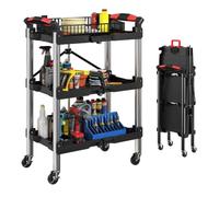 HOMCOM Carro Herramientas Plegable 3 Niveles, Ruedas, 150 LBS, Negro | Carro utilitario plegable con asas, organizador de herramientas móvil, para garaje almacén taller.