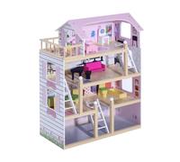 HOMCOM Casa de Muñecas Infantil con Muebles Casa de Muñecas de 4 Pisos con 13 Accesorios 60,5x30x80,5cm Rosa Aosom España