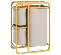 HOMCOM Cesto de Ropa en Bambú con 3 Bolsas y Repisas Extraíbles de Tela 50x32x69,7 cm color Bambú y Crema Aosom España