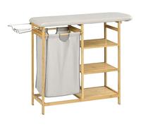 HOMCOM Cesto de Ropa Sucia 57,4L con Tabla de Planchar 113x34x82 cm Natural | Cesta Ropa Sucia de Bambú, Soporte para Plancha, 3 Estantes, Bolsa Extraíble, Estantería de Baño para Lavandería