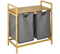 HOMCOM Cesto para Ropa Sucia de Bambú 2x33,05 L 63,5x33x73 cm Gris Oscuro | Cesto de la Ropa Sucia, 2 Bolsas Extraíbles, Estante, Carga 26 kg, para Baño Dormitorio