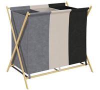 HOMCOM Cesto para Ropa Sucia Plegable con 3 Compartimentos Capacidad de 129L Cesta para la Colada con Estructura Forma de X de Bambú y Bolsas Extraíbles 75x48x67 cm Multicolor