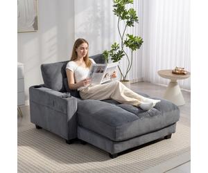 HOMCOM Chaise Longue Sofá Cama de 2 Plazas 114x147 cm con Función de Cama, Cordón Óptico, Reposabrazos Izquierdo/Derecho, Portavasos, Cojín Lumbar, para Sala de Estar/Dormitorio, Gris Oscuro