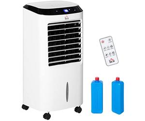 HOMCOM Climatizador Evaporativo Bajo Consumo Enfriador de Aire Portátil 10L Humidificador Ventilador 60W Iones Negativos Pantalla LED Control Remoto Temporizador 3 Velocidades 38,2x31,6x76 cm Blanco