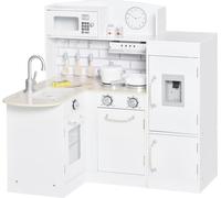 HOMCOM Cocina de Juguete de Madera para Niños de +3 Años Cocinita Infantil con Nevera Microondas Fregadero Campana y 14 Accesorios 86x64x84,5 cm Blanco