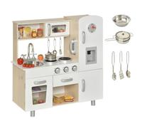 HOMCOM Cocina de Juguete de Madera con Fregadero Cocina de Inducción y Microondas Simulados con Accesorios Incluidos Cocina Infantil para +3 Años 74x30x81 cm Blanco BLANCO