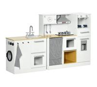 HOMCOM Cocina de Juguete de Madera con Luz y Sonidos 78,5x29x81 cm Blanco | Cocinita de Juguete, para +3 Años, Taburete, Cafetera, Máquina de Hielo, Lavadora, Horno, Refrigerador, Fregadero