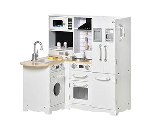 HOMCOM Cocina de Juguete de Madera Infantil de +3 Años Sonidos 14 Accesorios Teléfono Fregadero Extraíble Microondas Grifo 82x65x87 cm Blanco