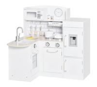 HOMCOM Cocina de Juguete de Madera para Niños +3 86x64x84,5 cm Blanco | 14 Accesorios, Separable, Cocinita Infantil con Sonido, Nevera, Microondas, Fregadero, Campana