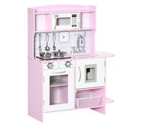Homcom cocina de juguete de madera para niños de +3 años cocinita de juguete con luz sonidos fregadero grifo con agua placa de cocina dispensador de agua y horno 70x29x90 cm rosa