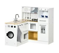 HOMCOM Cocina de Juguete de Madera 2 Piezas para Niños +3 Años con Luz Sonidos y Taburete Cocinita Educativa Blanco Aosom España
