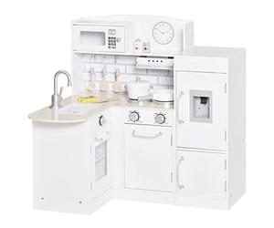 HOMCOM Cocina de Juguete de Madera para Niños de +3 Años con 14 Accesorios Separable Cocinita Infantil con Sonido Nevera Microondas Fregadero Campana 86x64x84,5 cm Blanco