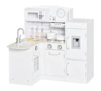 HOMCOM Cocina de Juguete de Madera para Niños de +3 Años Cocinita Infantil con Nevera Microondas Fregadero Campana y 14 Accesorios 86x64x84,5 cm Blanco