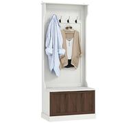 HOMCOM Colgador de entrada 3 en 1 con zapatero, colgador de suelo que ahorra espacio con 4 ganchos y banco de almacenamiento, MDF, para pasillo, dormitorio, 71,5x39,5x170 cm, blanco y marrón