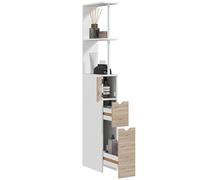 HOMCOM Columna Auxiliar de Baño Estrecha Armario Alto de Baño Moderno Mueble Auxiliar con 2 Estantes 2 Cajones y 1 Puerta Antivuelco 15x33x136,8 cm Natural