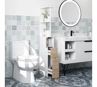 HOMCOM Columna Auxiliar de Baño Estrecha Moderna 15x33x136,8 cm Natural | Armario Alto de Baño, Mueble Auxiliar, 2 Estantes, 2 Cajones, 1 Puerta, Antivuelco