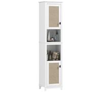 HOMCOM Columna de Baño 2 Puertas y 2 Compartimentos 40x30x167,5 cm Blanco | Frontal de Ratán, Armario Alto de Baño Boho, Estantes Ajustables
