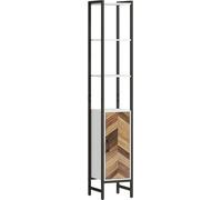 HOMCOM Armario Alto de Baño Columna de Baño con 3 Estantes Abiertos 1 Puerta y Estante Ajustable Mueble Auxiliar de Baño con Sistema Anti-vuelco 30x30x170 cm Blanco y Nogal