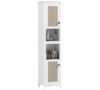 HOMCOM Columna de Baño con 2 Puertas con Frontal de Ratán Armario de Baño Boho con Estantes Ajustables y 2 Compartimentos 40x30x167,5 cm Blanco