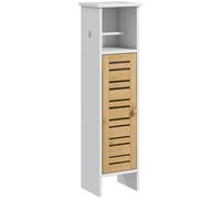 HOMCOM Columna de Baño con Portarrollos 21x17x78 cm Blanco y Natural | Moderna, Mueble Auxiliar de Baño, Estantes Ajustables, Puerta de Bambú, Anti-vuelco