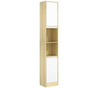 HOMCOM Columna de Baño Estrecha 30x24x170 cm con 2 Puertas y 2 Estantes Abiertos para Espacios Pequeños Roble y Blanco Aosom España
