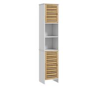 HOMCOM Columna de Baño Moderna Armario Alto de Baño con Estantes Ajustable y Puerta de Bambú Anti-vuelco 35x30x170 cm Blanco y Natural
