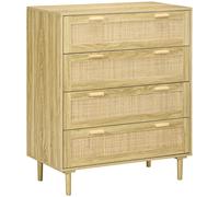 HOMCOM Cómoda 4 cajones mueble de almacenaje frente tejido de mimbre estilo bohemio 90x45x108,5 cm Aspecto Madera Clara Aosom España