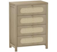 HOMCOM Cómoda 4 cajones mueble de almacenamiento estilo bohemio con puertas resina trenzada, 70 x 38 x 93 cm, efecto madera natural