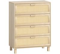 HOMCOM Cómoda 4 cajones rejilla de ratán dim. 80L x 40l x 103H cm MDF Aspecto Madera Clara Aosom España