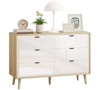 HOMCOM Cómoda 6 Cajones, Cómoda Dormitorio con Patas de Madera, Cajonera para Salón, Oficina, Estilo Moderno, 110x40x75 cm, Blanco Brillo y Roble