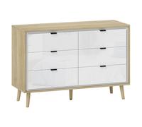 HOMCOM Cómoda 6 Cajones con Frente de Blanco Brillo, Cómoda Dormitorio con Patas de Madera, Cajonera para Salón, Oficina, Estilo Moderno, 110x40x75 cm, Roble