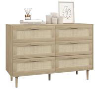 HOMCOM Cómoda 6 Cajones con Frontal de Ratán, Cómoda Dormitorio con Patas de Madera, Cajonera para Salón, Oficina, Estilo Bohemio, 110x40x75 cm, Roble