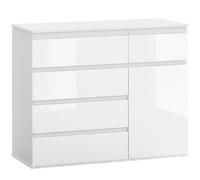HOMCOM Cómoda Blanca Aparador Blanco Brillo 100x40x80 cm con 5 Cajones Estantes Ajustables Puerta de Cierre Suave para Salón Dormitorio Aosom España