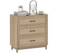 HOMCOM Cómoda Bohemia de Ratán, Cómoda de 3 Cajones con Patas de Madera de Pino, Amplia Unidad de Almacenaje para Sala de Estar, Pasillo, Roble