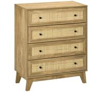 HOMCOM Cómoda con 4 Cajones Cómoda Dormitorio Estrecha 80x35x95 cm Natural | Frontales de Ratán, Patas Elevadas, Cajonera, para Salón Oficina
