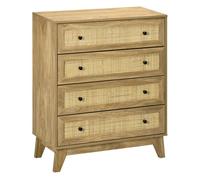 HOMCOM Cómoda con 4 Cajones Cómoda Dormitorio Estrecha con Frontales de Ratán y Patas Elevadas Cajonera para Salón Oficina 80x35x95 cm Natural