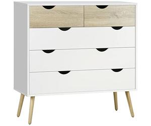 HOMCOM Cómoda con 5 Cajones, Cómoda Dormitorio con Patas Elevadas de Madera, Cajonera para Salón, Oficina, Estilo Nórdico, 99x39x101 cm, Blanco y Roble