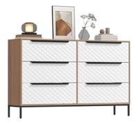 HOMCOM Cómoda con 6 Cajones de Tela 117,5x30x73,5 cm Natural y Blanco | Cómoda para Dormitorio, Marco de MDF, Frentes con Patrón de Diamante, Cajonera para Salón, Oficina, Vestidor