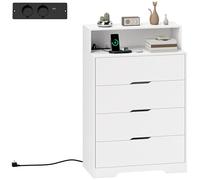 HOMCOM Cómoda de 4 Cajones con Estación de Carga, Cajonera para Dormitorio con Puerto USB, Puerto USB-C, Estante Abierto, 80x40x120 cm, Blanco