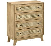 HOMCOM Cómoda de 4 cajones de ratán Estilo Boho para Dormitorio, cómoda Moderna con Tiradores Redondos, para Entrada, salón, Dormitorio y Pasillo de Madera, 80x35x95 cm, Madera Natural