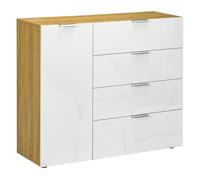 HOMCOM Cómoda de Dormitorio Aparador de Salón con 4 Cajones de de Alto Brillo Puerta y Estantes Ajustables para Comedor 105x35x92 cm Blanco y Natural