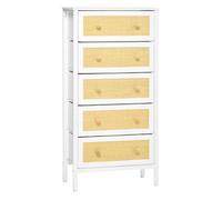 HOMCOM Cómoda de Dormitorio Cajonera de Estilo Bohemio con 5 Cajones de Tela Plegable Superficie de Ratán PE y Marco de Acero para Entrada Salón Pasillo 62x30x126,5 cm Blanco