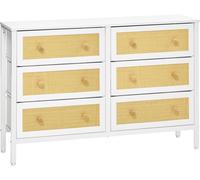 HOMCOM Cómoda de Dormitorio Cajonera de Estilo Bohemio con 6 Cajones de Tela Plegable Superficie de Ratán PE y Marco de Acero para Entrada Salón Pasillo 120x30x83 cm Blanco
