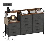 HOMCOM Cómoda de tela para dormitorio con estación de carga, cómoda con 8 cajones de tela y estructura de acero para sala de estar, marrón rústico y negro