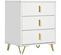 HOMCOM Cómoda Moderna de 3 Cajones, Cómoda Estriada con Patas Metálicas y Tiradores de Acero para Dormitorio, Blanca