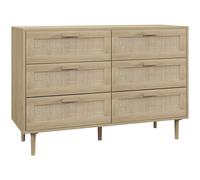 HOMCOM Cómoda para Dormitorio con 6 Cajones con Frontal de Ratán Patas de Madera Cajonera Estilo Bohemio 110x40x75 cm Roble