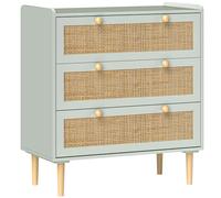 HOMCOM Cómoda unidad de almacenamiento para dormitorio con 3 cajones, estilo bohemio, de ratán natural, con portavasos para habitación verde