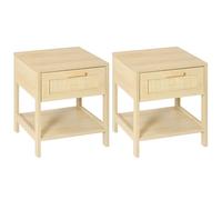 HOMCOM Conjunto 2 Mesitas de Noche Mesillas de Noche con Cajón de Ratán y Estante Inferior Carga 40 kg para Dormitorio Sala 40x40x48 cm Natural