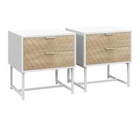 HOMCOM Conjunto de 2 Mesillas de Noche Mesitas de Noche de 2 Cajones y Patas de Acero Estilo Moderno Mesitas Auxiliares para Salón Dormitorio 45x39x48 cm Blanco y Roble